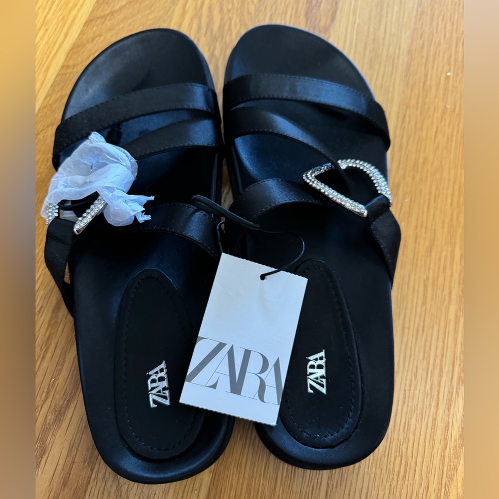 BRAND NEW Zara flat rhinestone buckle sandals